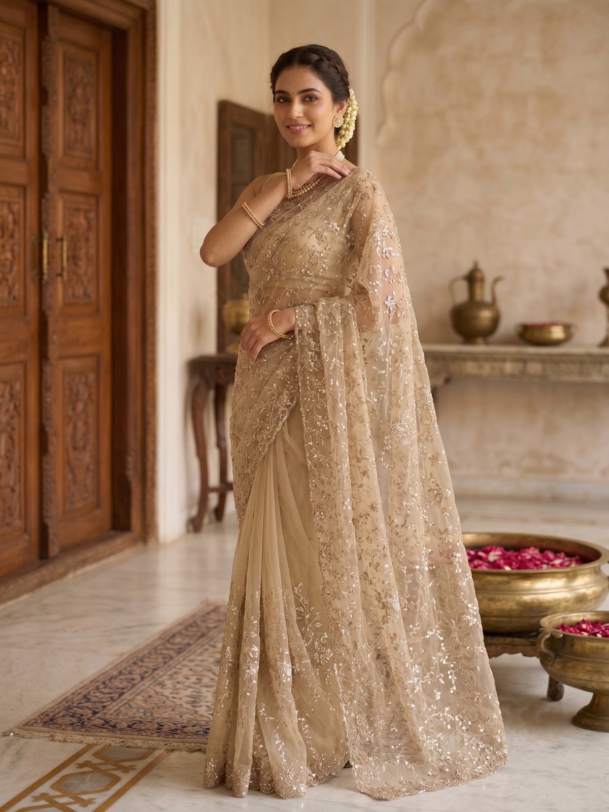 Rajshri Fashions Champagne Gold Sequined Net Designer Saree - Rajshri Fashions Sowcarpet Chennai