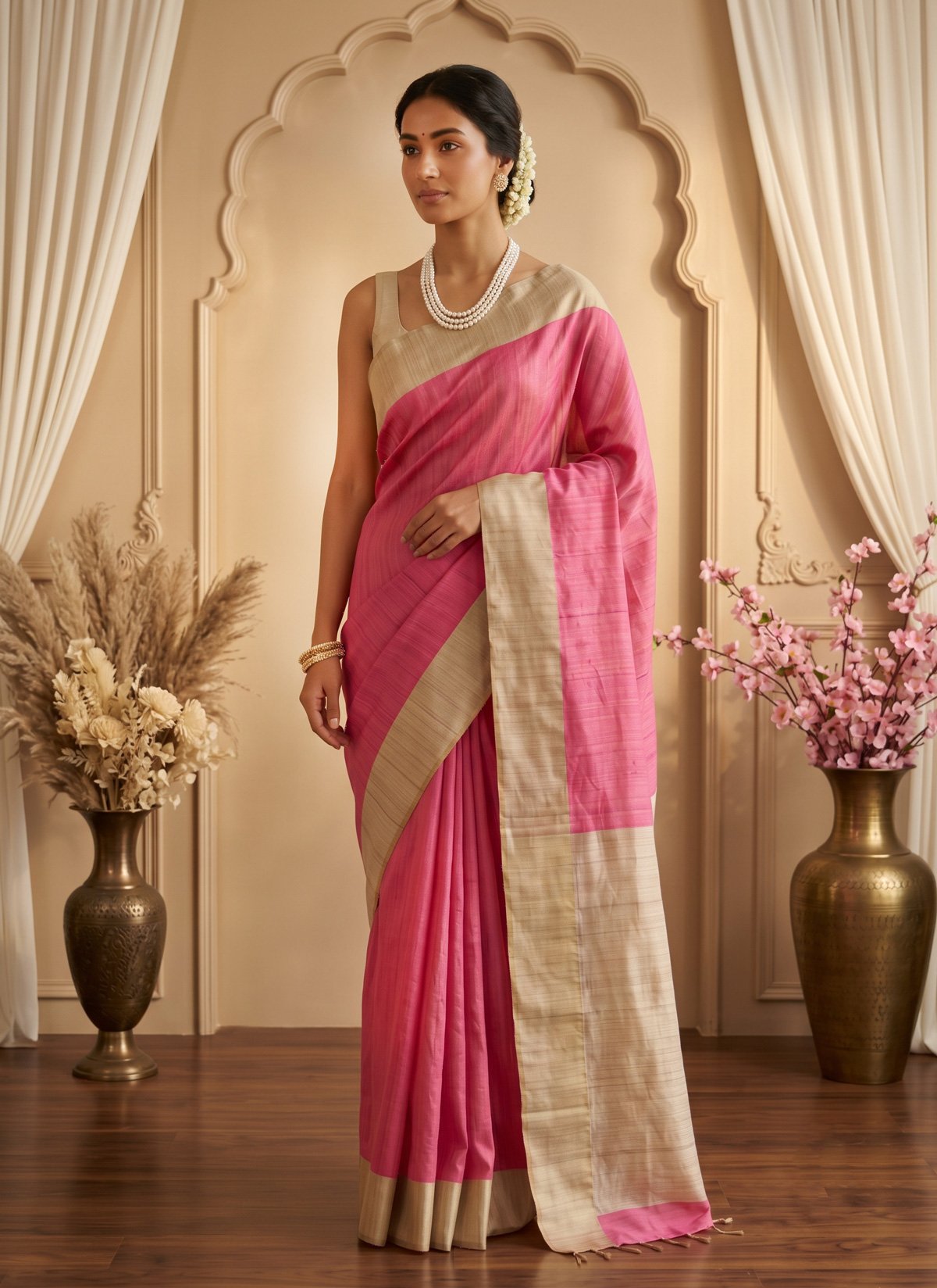 Rajshri Fashions Fuchsia Pink Handloom Raw Silk Saree with Gold Zari Border - Rajshri Fashions Sowcarpet Chennai