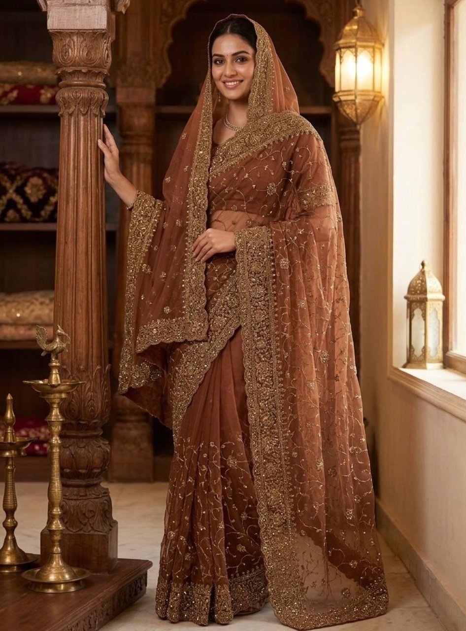Rajshri Fashions Copper Brown Net Heavy Zardosi Bridal Saree - Rajshri Fashions Sowcarpet Chennai
