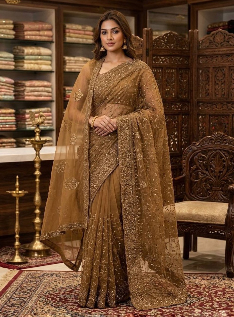 Rajshri Fashions Antique Gold Net Embellished Wedding Saree - Rajshri Fashions Sowcarpet Chennai