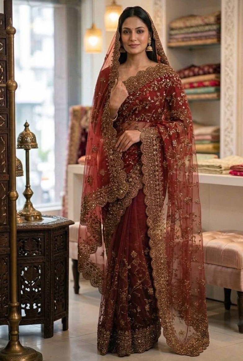 Rajshri Fashions Royal Maroon Intricate Zardosi Net Saree - Rajshri Fashions Sowcarpet Chennai