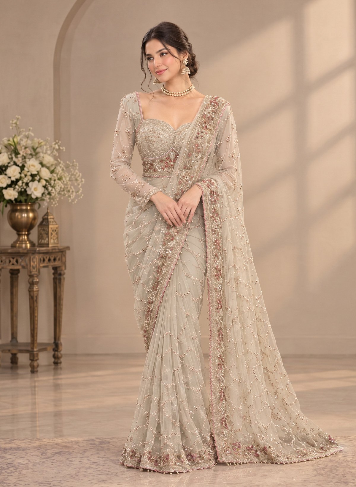 Rajshri Fashions Champagne Gold Embellished Net Bridal Saree - Rajshri Fashions Sowcarpet Chennai