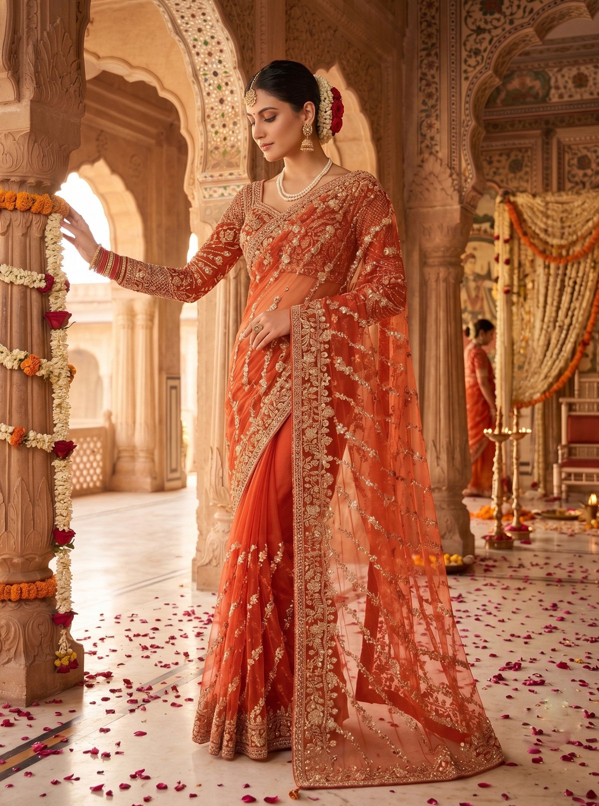 Rajshri Fashions Radiant Sunset Orange Embroidered Net Saree - Rajshri Fashions Sowcarpet Chennai