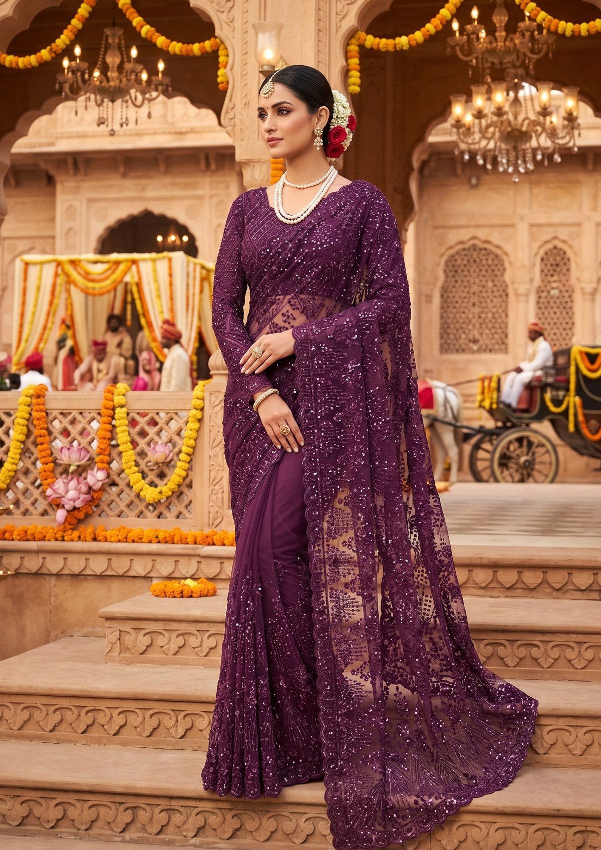 Rajshri Fashions Royal Wine Sequined Embroidered Net Saree - Rajshri Fashions Sowcarpet Chennai