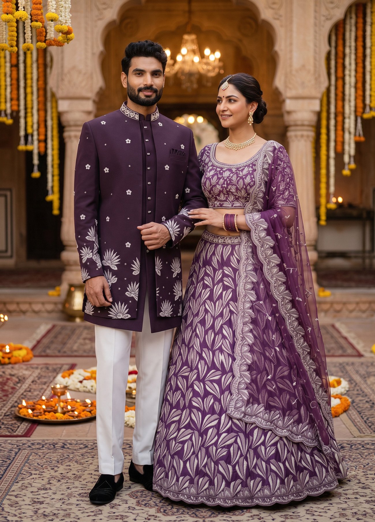 Rajshri Fashions Royal Wine Hand-Embroidered Floral Couple Set - Rajshri Fashions Sowcarpet Chennai