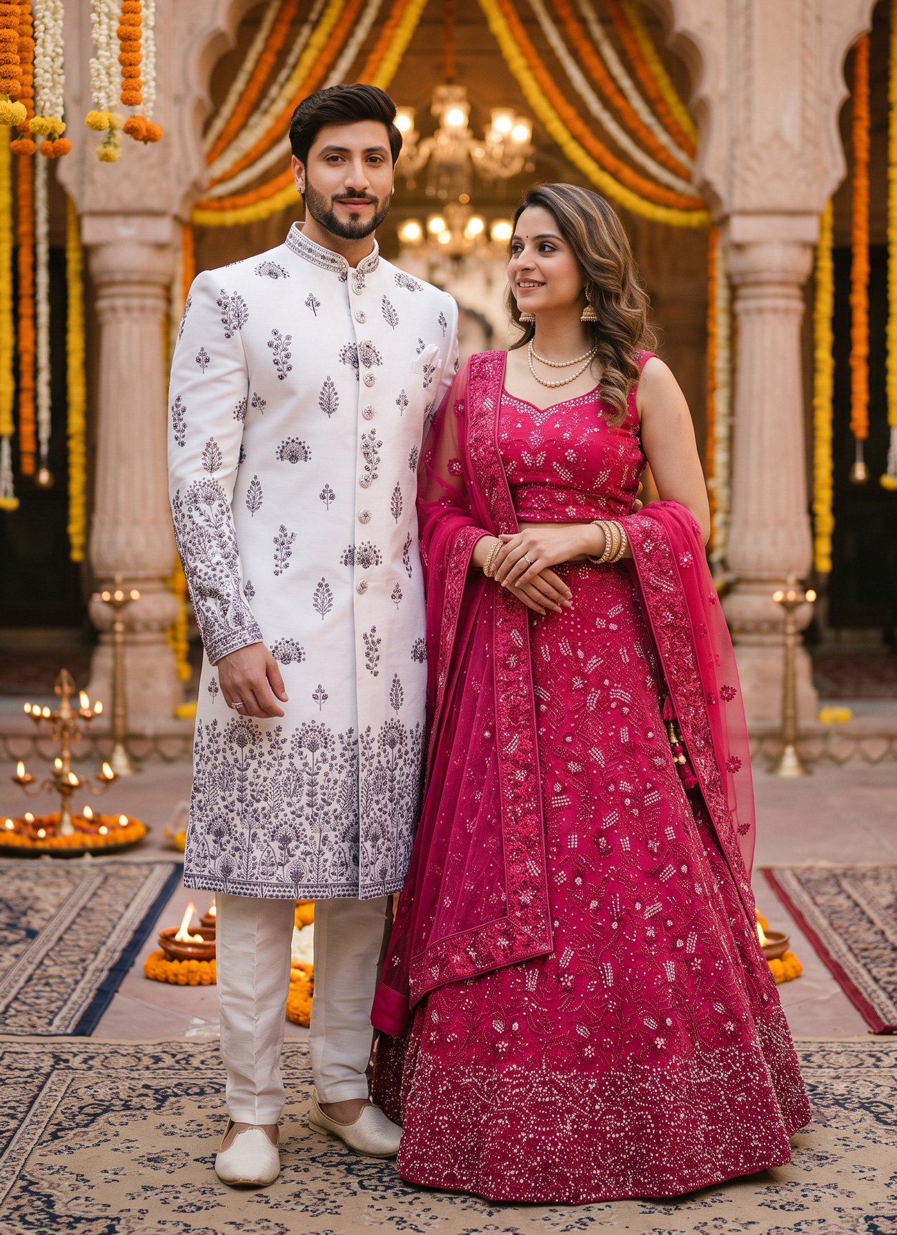 Rajshri Fashions Royal Magenta Embellished Lehenga & Ivory Floral Sherwani Set - Rajshri Fashions Sowcarpet Chennai