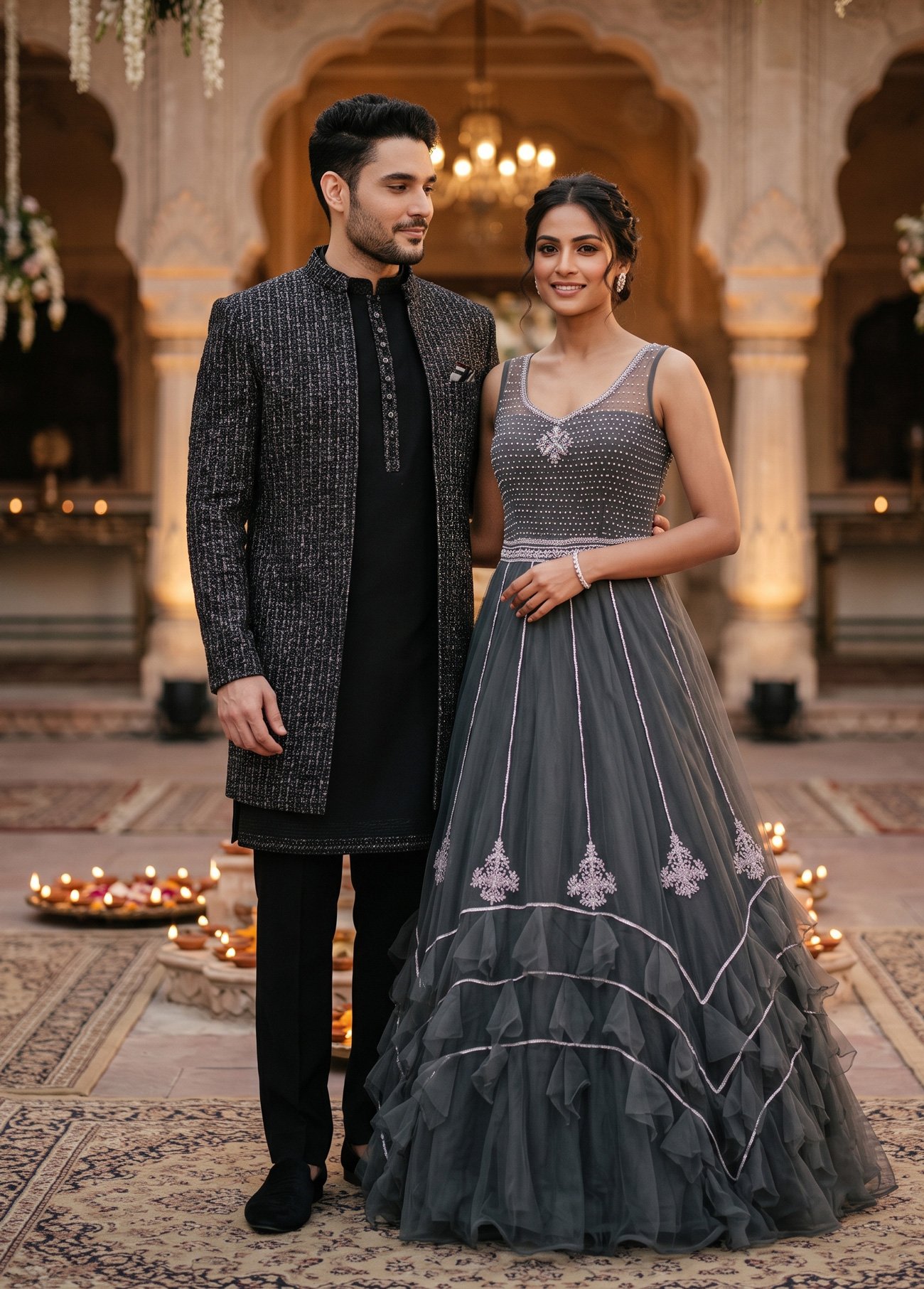 Rajshri Fashions Midnight Slate Grey Embellished Net Gown and Textured Sherwani Set - Rajshri Fashions Sowcarpet Chennai