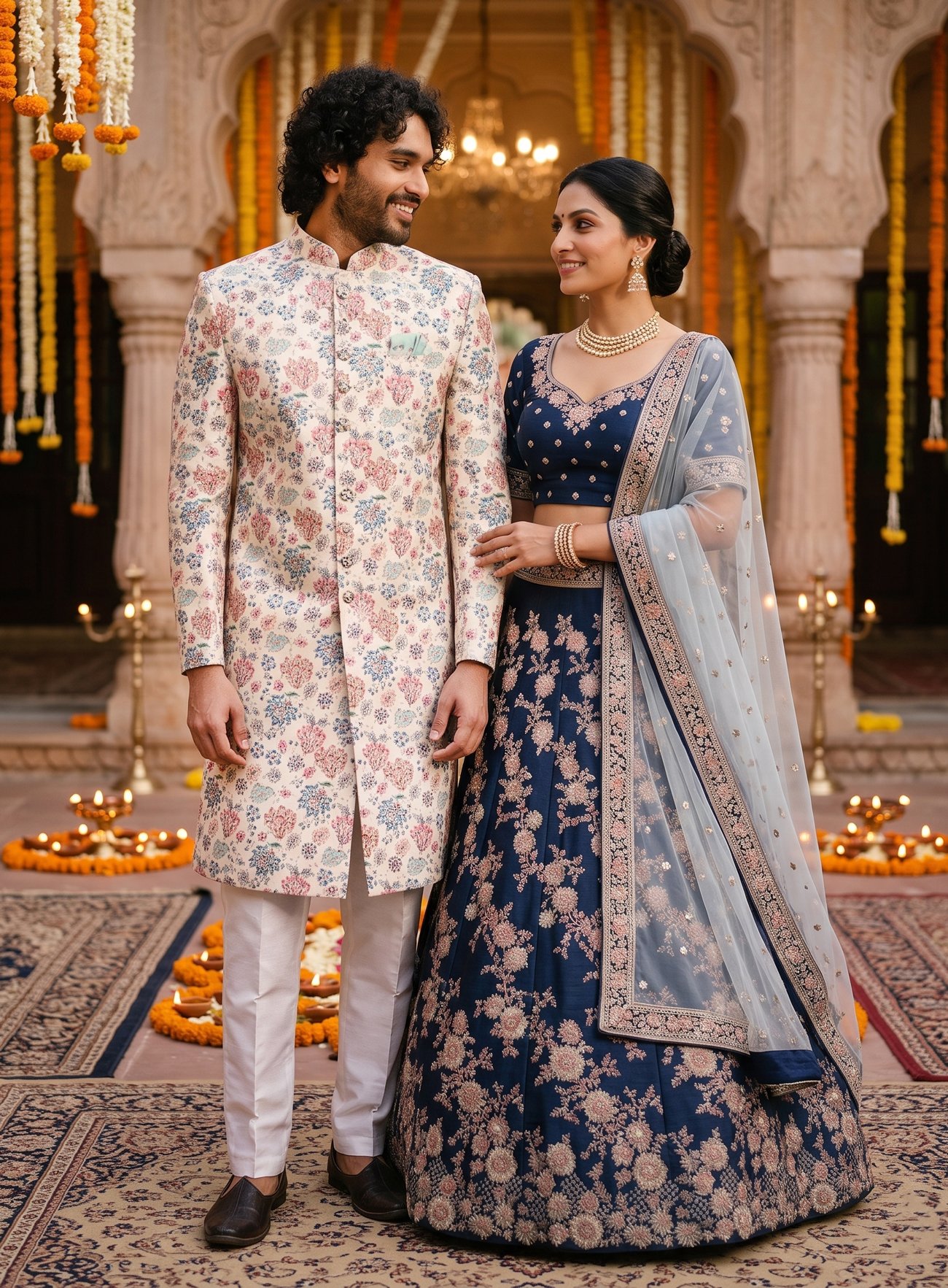 Rajshri Fashions Midnight Blue Floral Embroidered Lehenga Set & Floral Print Sherwani - Rajshri Fashions Sowcarpet Chennai