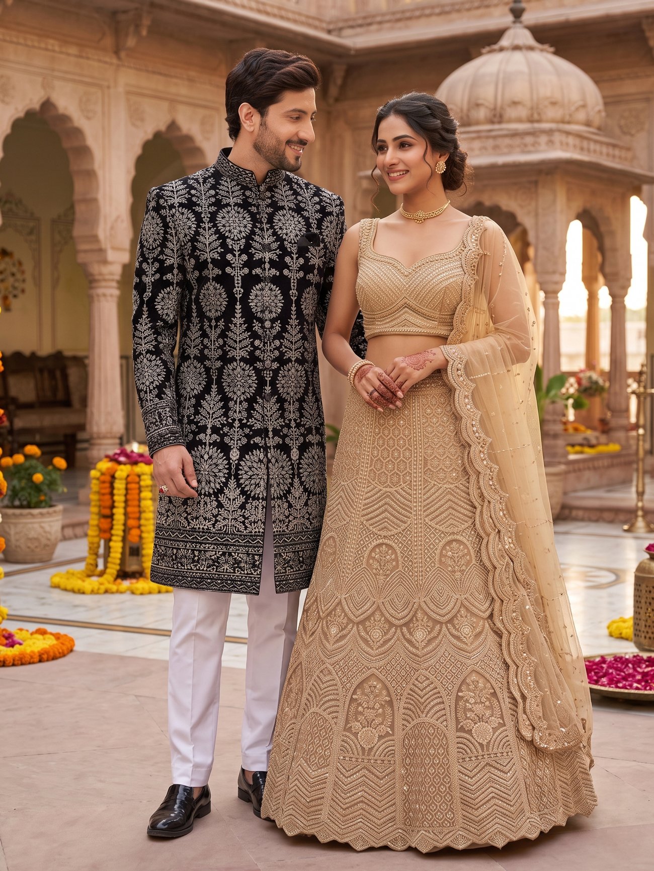 Rajshri Fashions Midnight Black Velvet Sherwani & Champagne Gold Embroidered Lehenga Set - Rajshri Fashions Sowcarpet Chennai