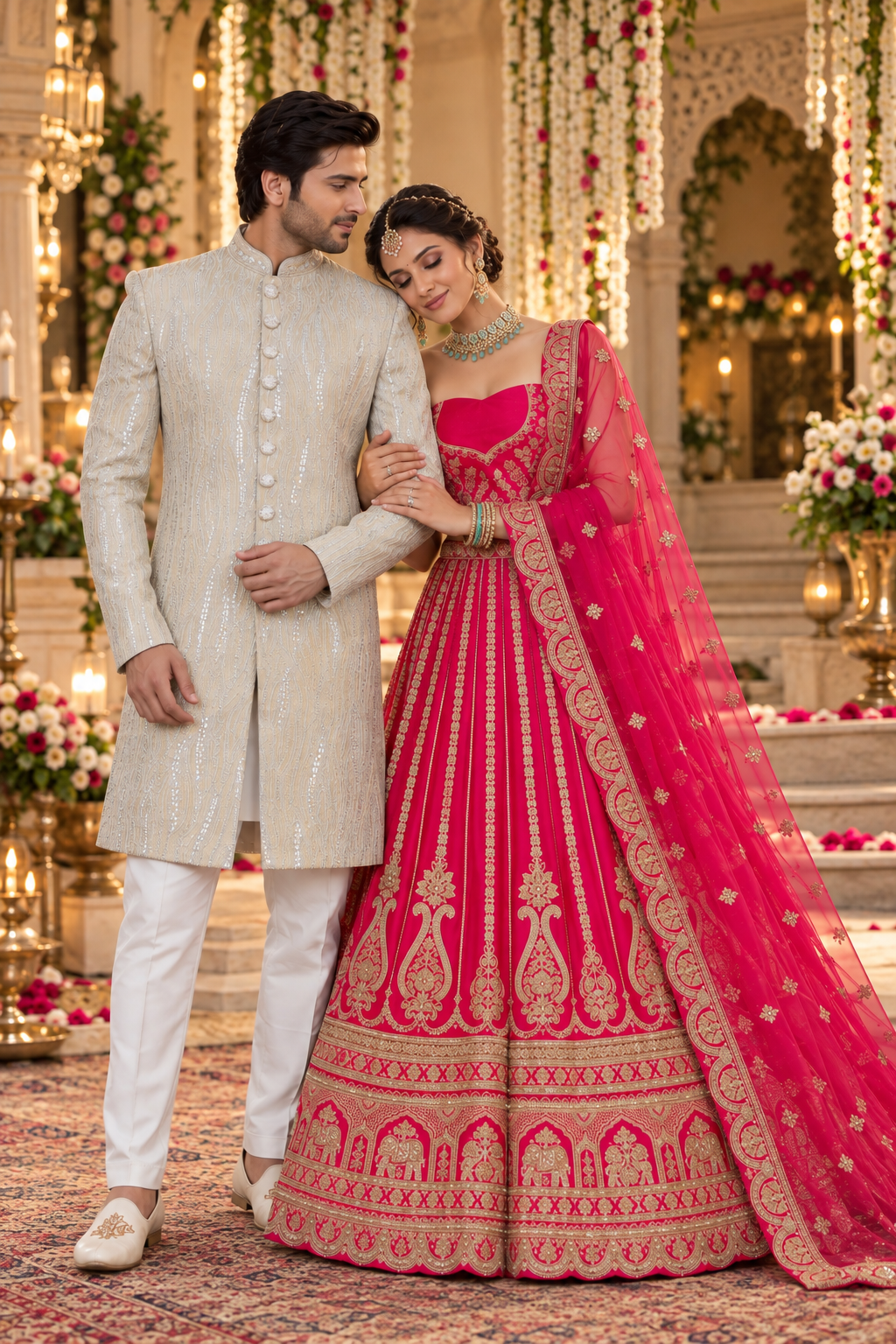 Rajshri Fashions Radiant Fuchsia Pink & Ivory Regal Couple Wedding Ensemble - Rajshri Fashions Sowcarpet Chennai