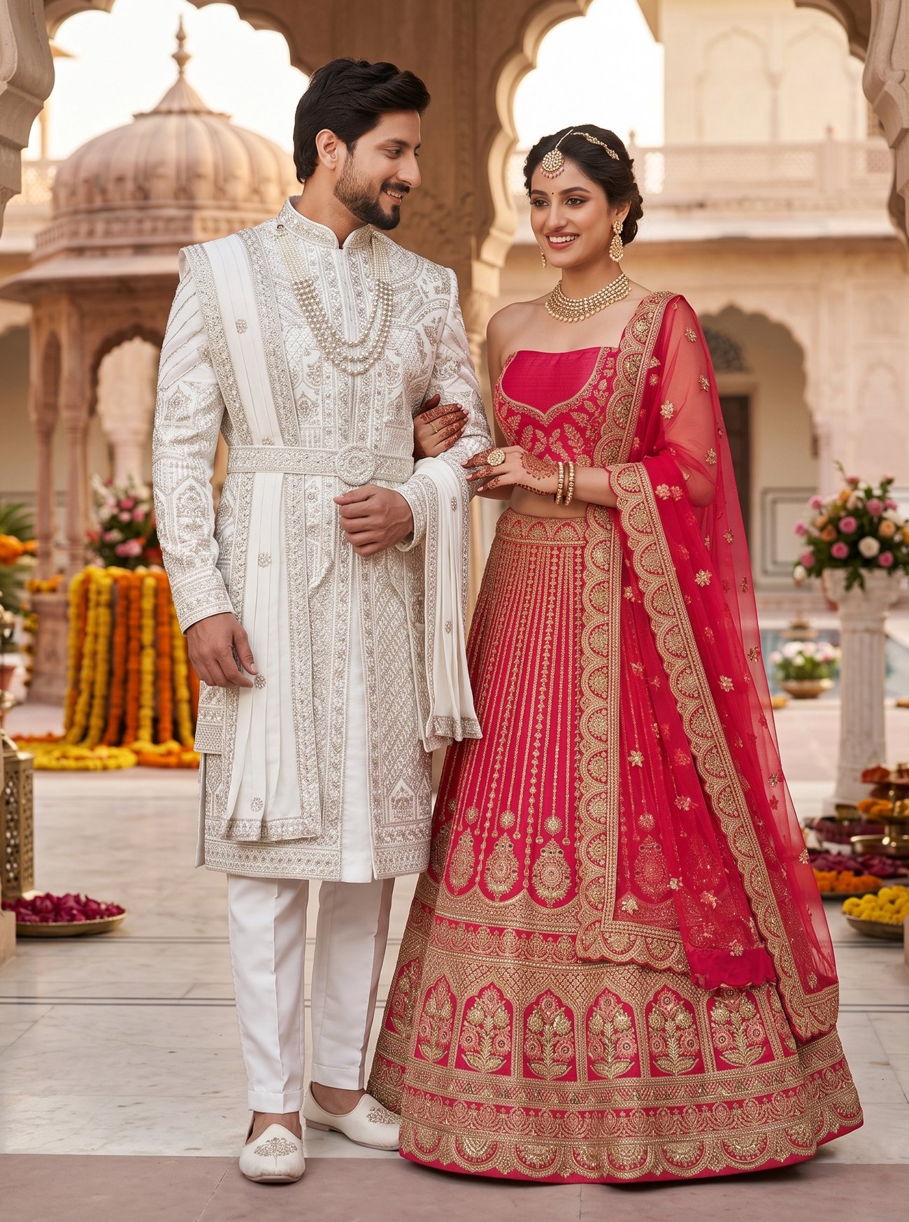 Rajshri Fashions Ivory Zardosi Sani and Crimson Red Embroidered Bridal Lehenga Setherw - Rajshri Fashions Sowcarpet Chennai