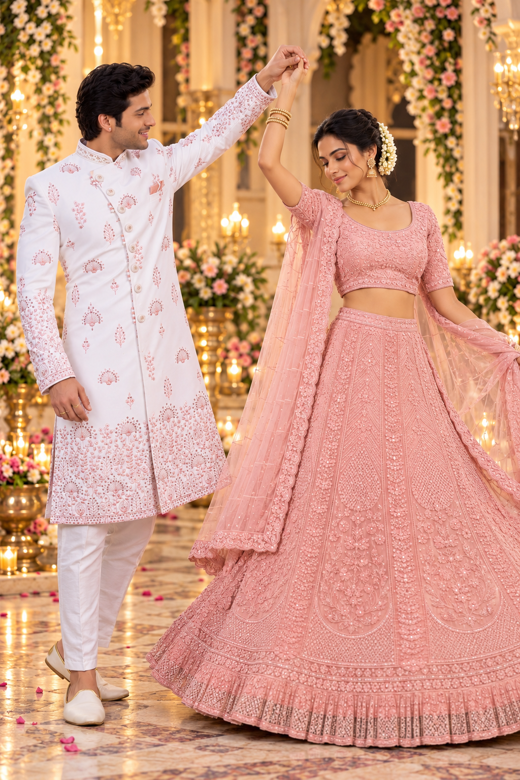 Rajshri Fashions Blush Pink Floral Embroidered Lehenga Set with Matching Sherwani - Rajshri Fashions Sowcarpet Chennai