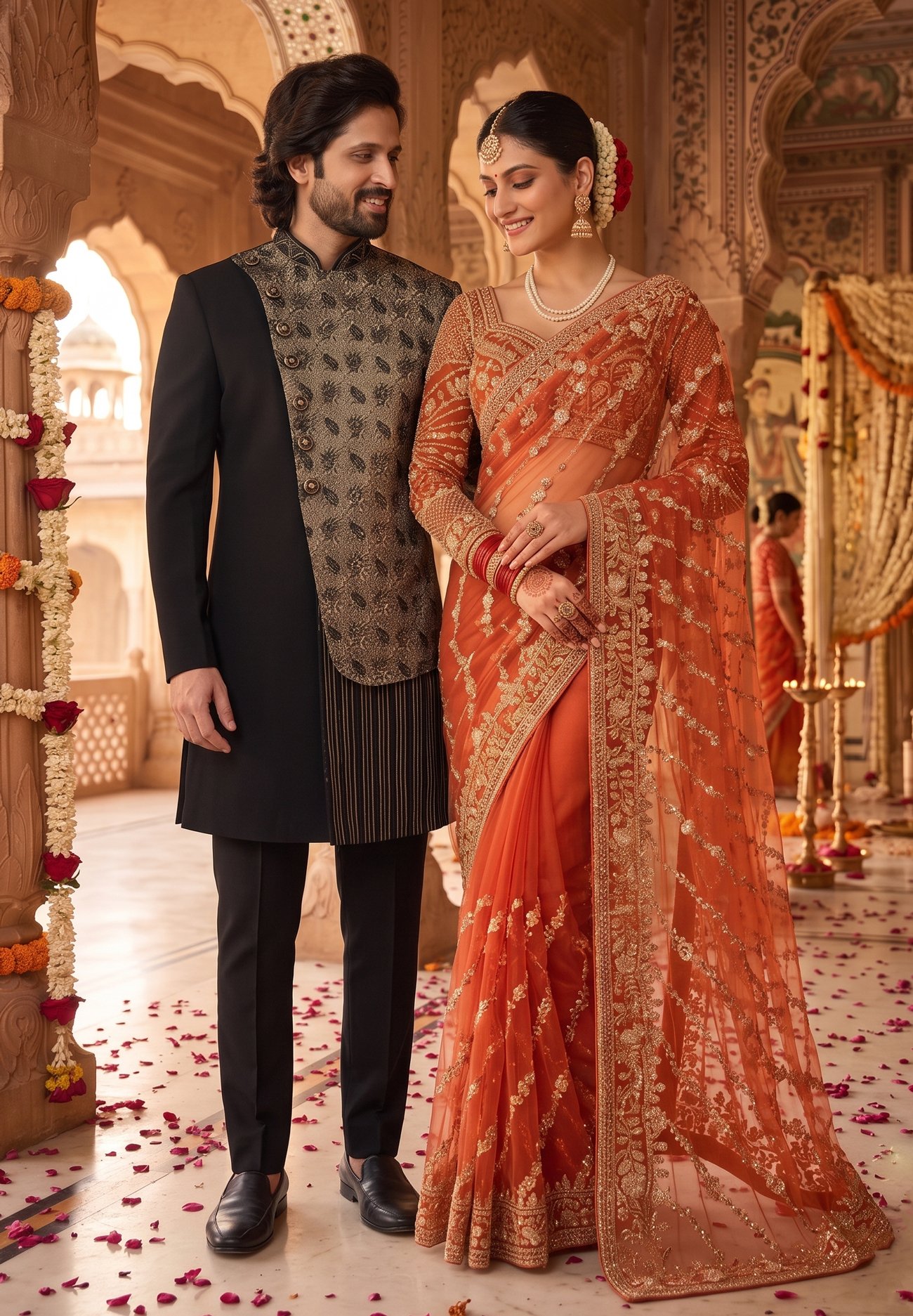 Rajshri Fashions Radiant Sunset Orange Embroidered Net Saree & Men's Designer Indo-Western Set - Rajshri Fashions Sowcarpet Chennai