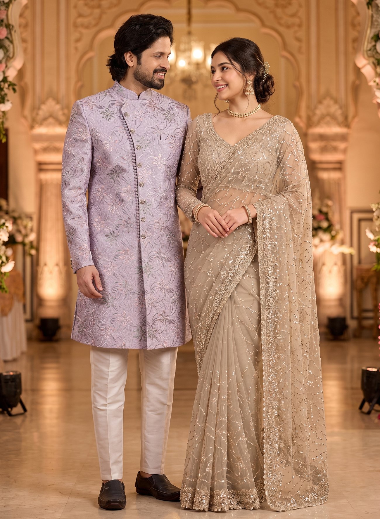Rajshri Fashions Lavender Floral Embroidered Sherwani & Sunset Orange Embellished Net Saree Set - Rajshri Fashions Sowcarpet Chennai