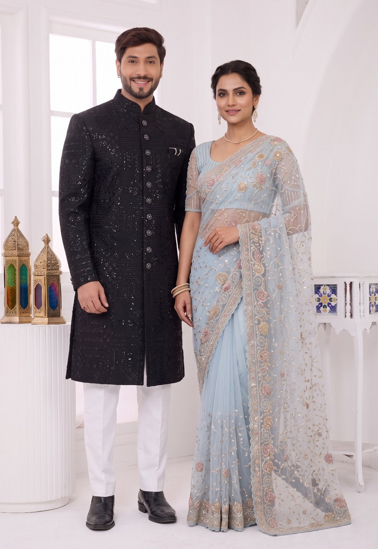 Rajshri Fashions Midnight Black Sequin Sherwani and Powder Blue Floral Embroidered Net Saree Couple Set - Rajshri Fashions Sowcarpet Chennai