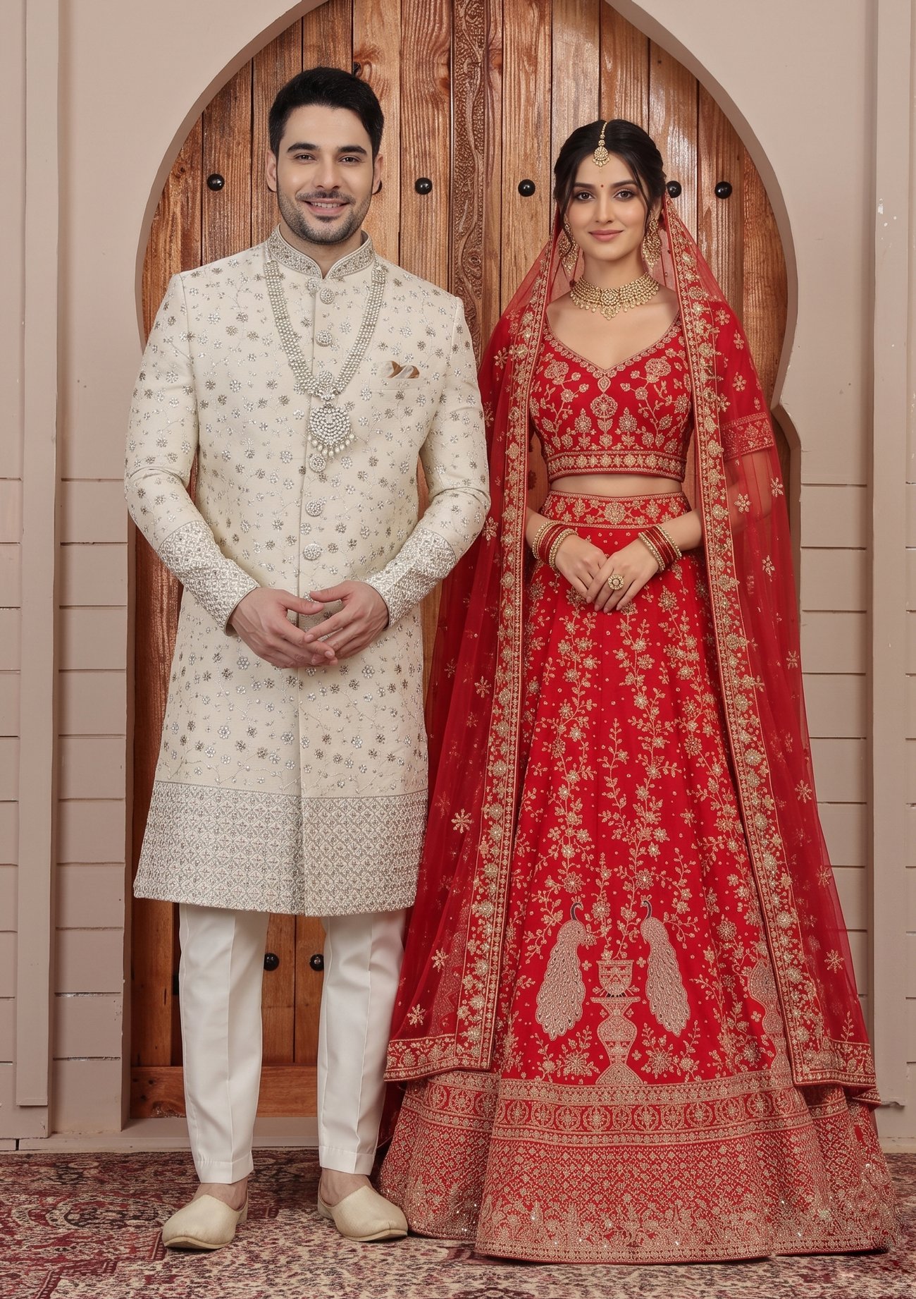 Rajshri Fashions Royal Ivory Sherwani and Crimson Red Zardozi Bridal Lehenga Set - Rajshri Fashions Sowcarpet Chennai