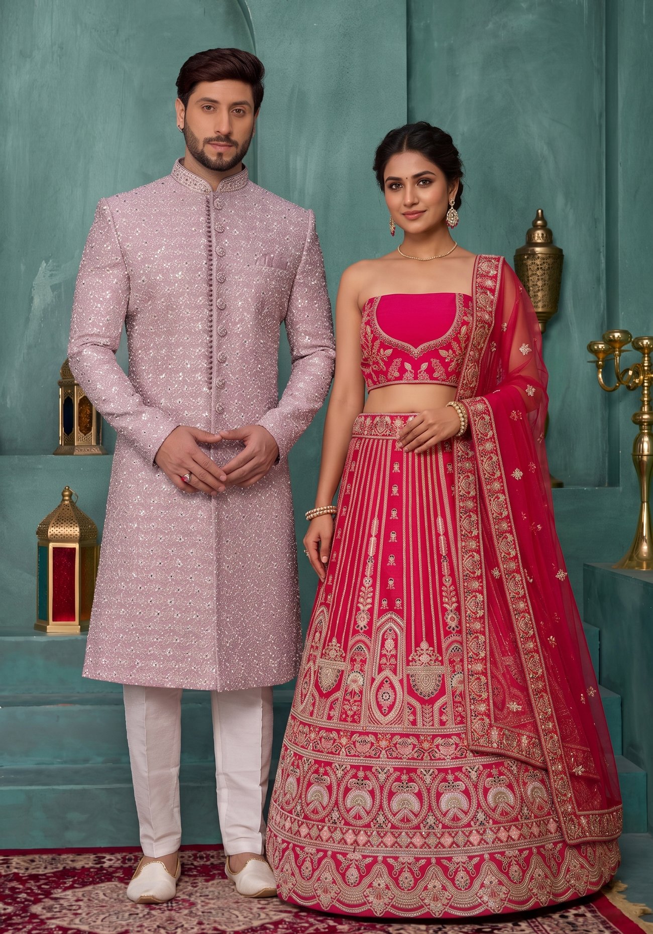 Rajshri Fashions Lavender Embellished Sherwani and Fuchsia Pink Embroidered Bridal Lehenga Set - Rajshri Fashions Sowcarpet Chennai