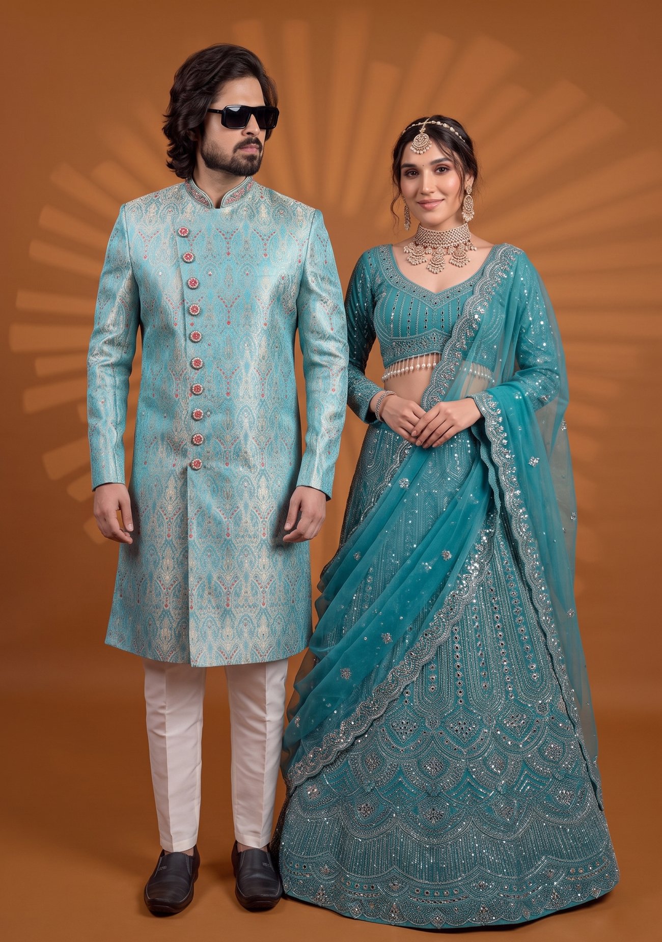 Rajshri Fashions Royal Turquoise Embroidered Sherwani and Mirror-Work Lehenga Couple Set - Rajshri Fashions Sowcarpet Chennai