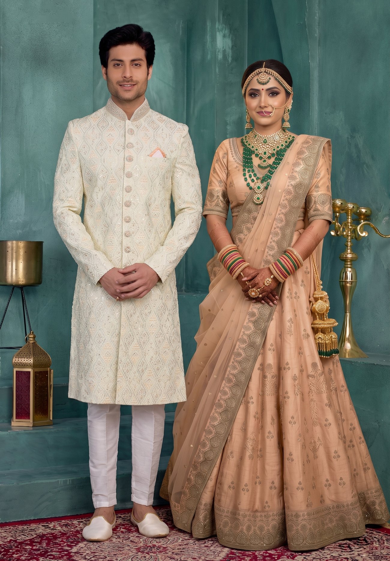 Rajshri Fashions Ivory & Blush Pink Regal Wedding Couple Ensemble - Rajshri Fashions Sowcarpet Chennai