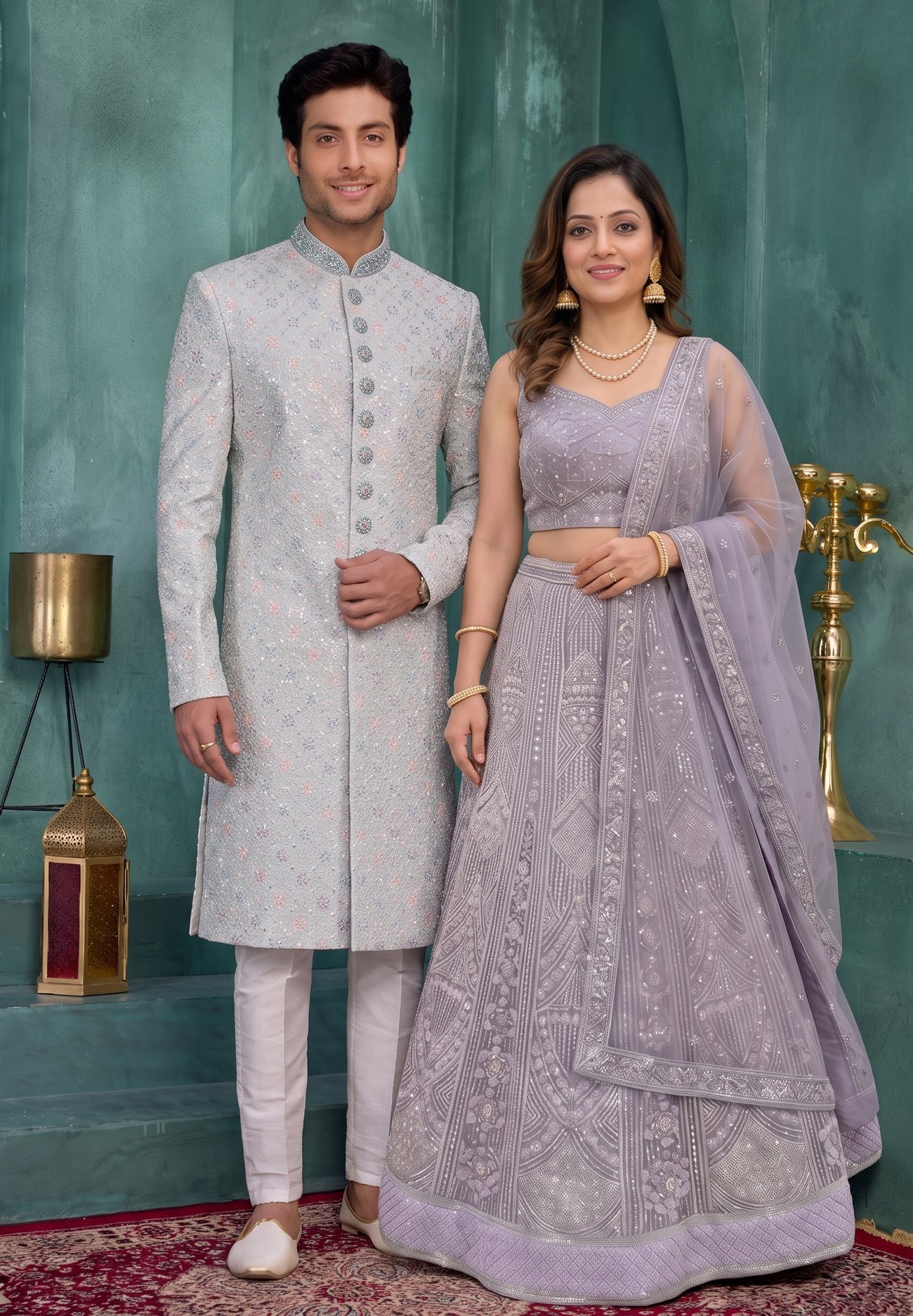 Rajshri Fashions Lavender Haze Embroidered Lehenga and Matching Sherwani Couple Set - Rajshri Fashions Sowcarpet Chennai