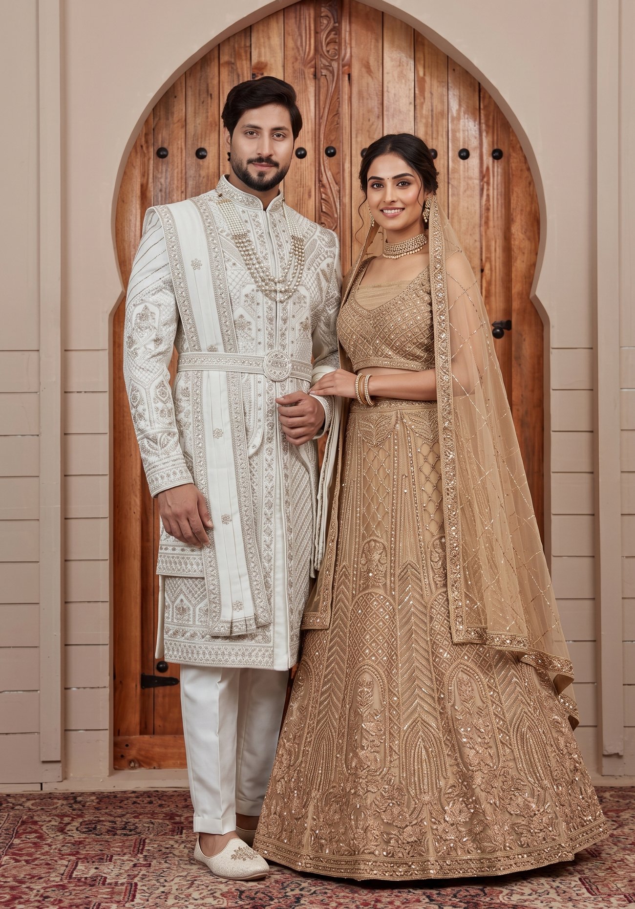 Rajshri Fashions Ivory & Champagne Gold Royal Couple Wedding Ensemble - Rajshri Fashions Sowcarpet Chennai