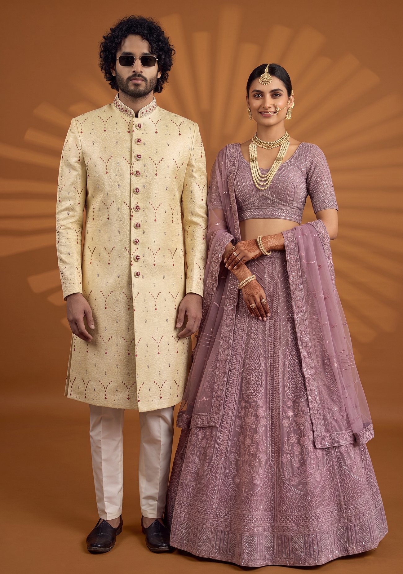 Rajshri Fashions Royal Champagne Sherwani and Lavender Embroidered Lehenga Couple Set - Rajshri Fashions Sowcarpet Chennai