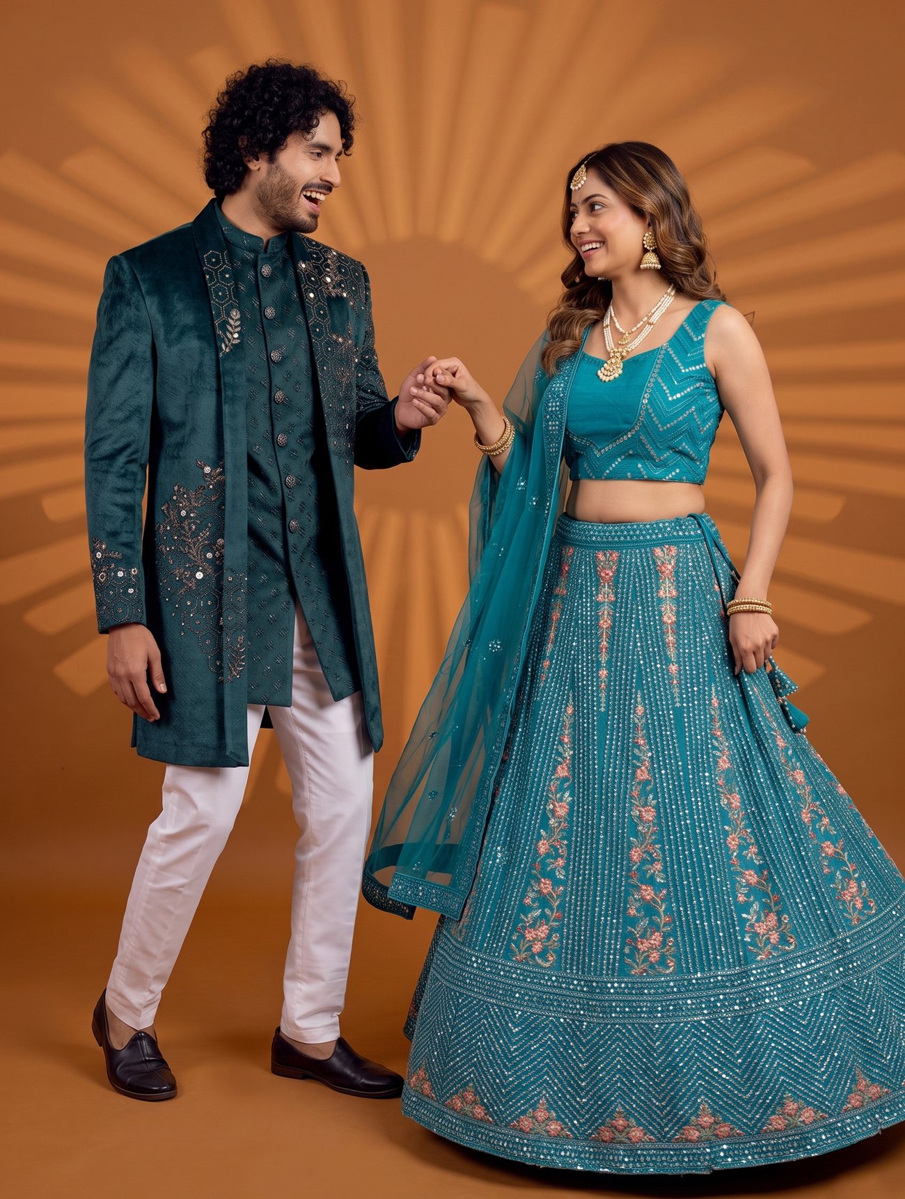 Rajshri Fashions Royal Teal Velvet & Net Couple Ensemble - Rajshri Fashions Sowcarpet Chennai