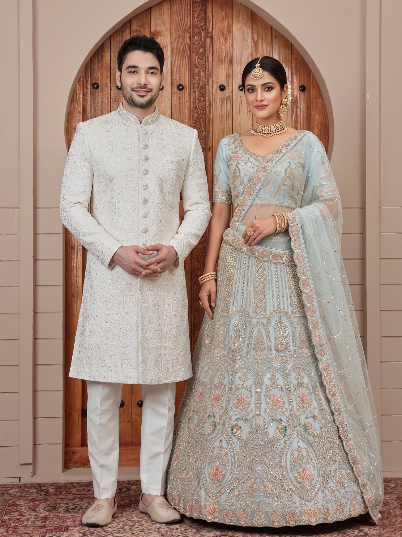 Powder Blue Bridal Lehenga & White Groom Sherwani Couple Set | Rajshri Fashions - Rajshri Fashions Sowcarpet Chennai