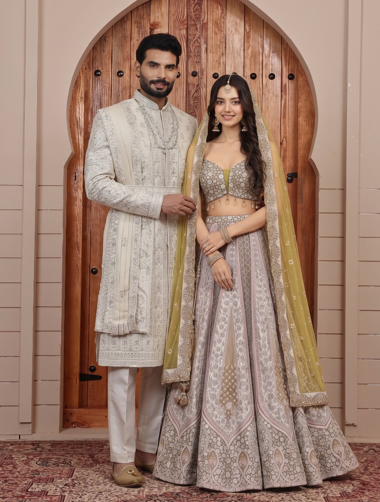 Rajshri Fashions Ivory & Sage Hand-Embroidered Royal Couple Ensemble - Rajshri Fashions Sowcarpet Chennai