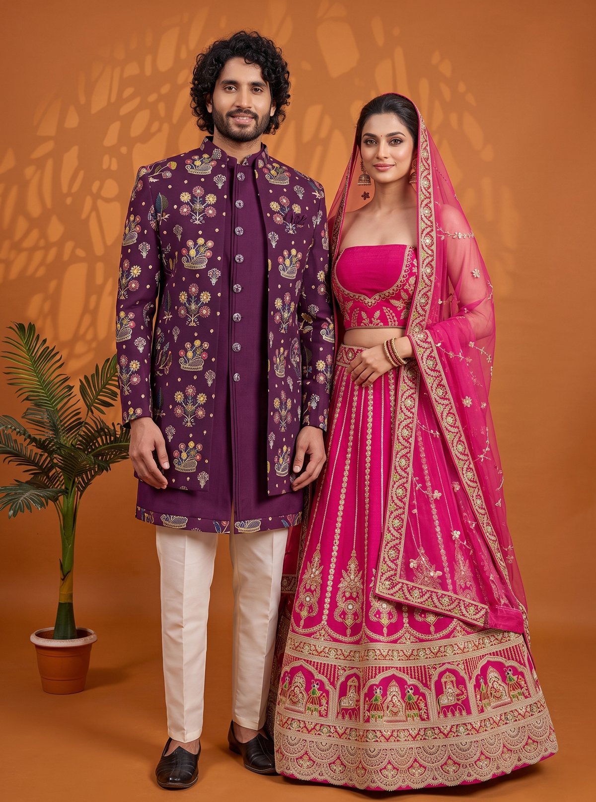Rajshri Fashions Royal Wine Floral Sherwani and Fuchsia Pink Embroidered Bridal Lehenga Set - Rajshri Fashions Sowcarpet Chennai