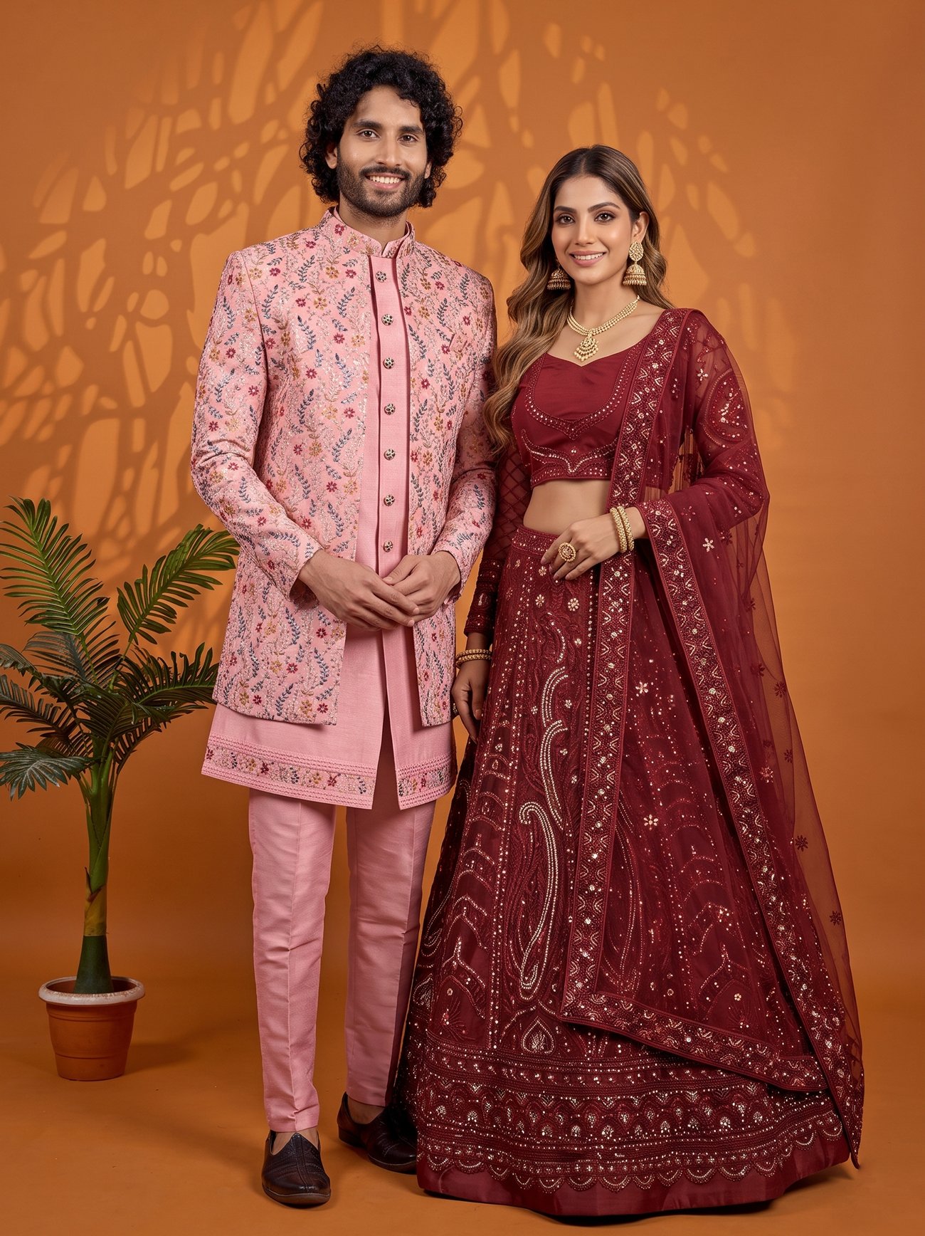 Rajshri Fashions Royal Maroon & Blush Pink Embroidered Couple Ensemble - Rajshri Fashions Sowcarpet Chennai
