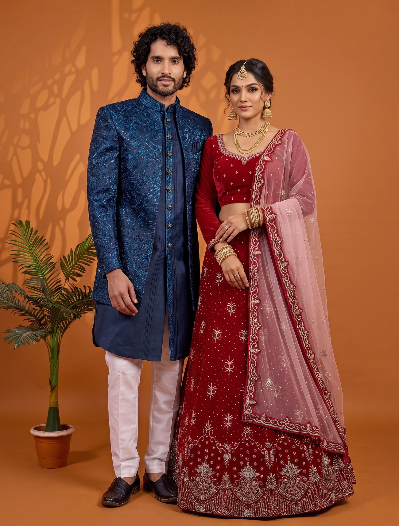 Rajshri Fashions Royal Midnight Blue Indo-Western Sherwani and Crimson Velvet Bridal Lehenga Set - Rajshri Fashions Sowcarpet Chennai