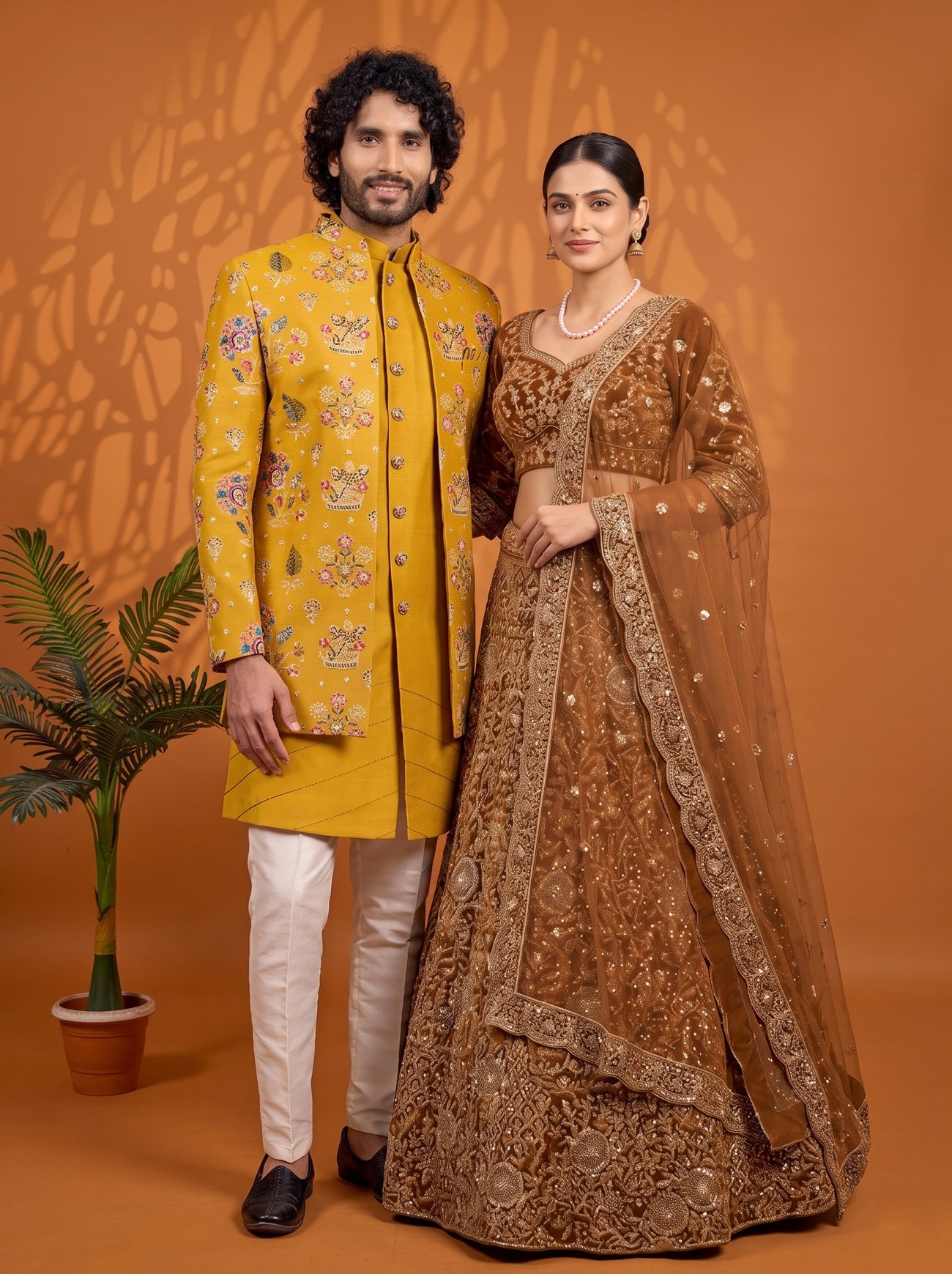 Rajshri Fashions Mustard Yellow Floral Sherwani and Bronze Velvet Zardosi Lehenga Set - Rajshri Fashions Sowcarpet Chennai