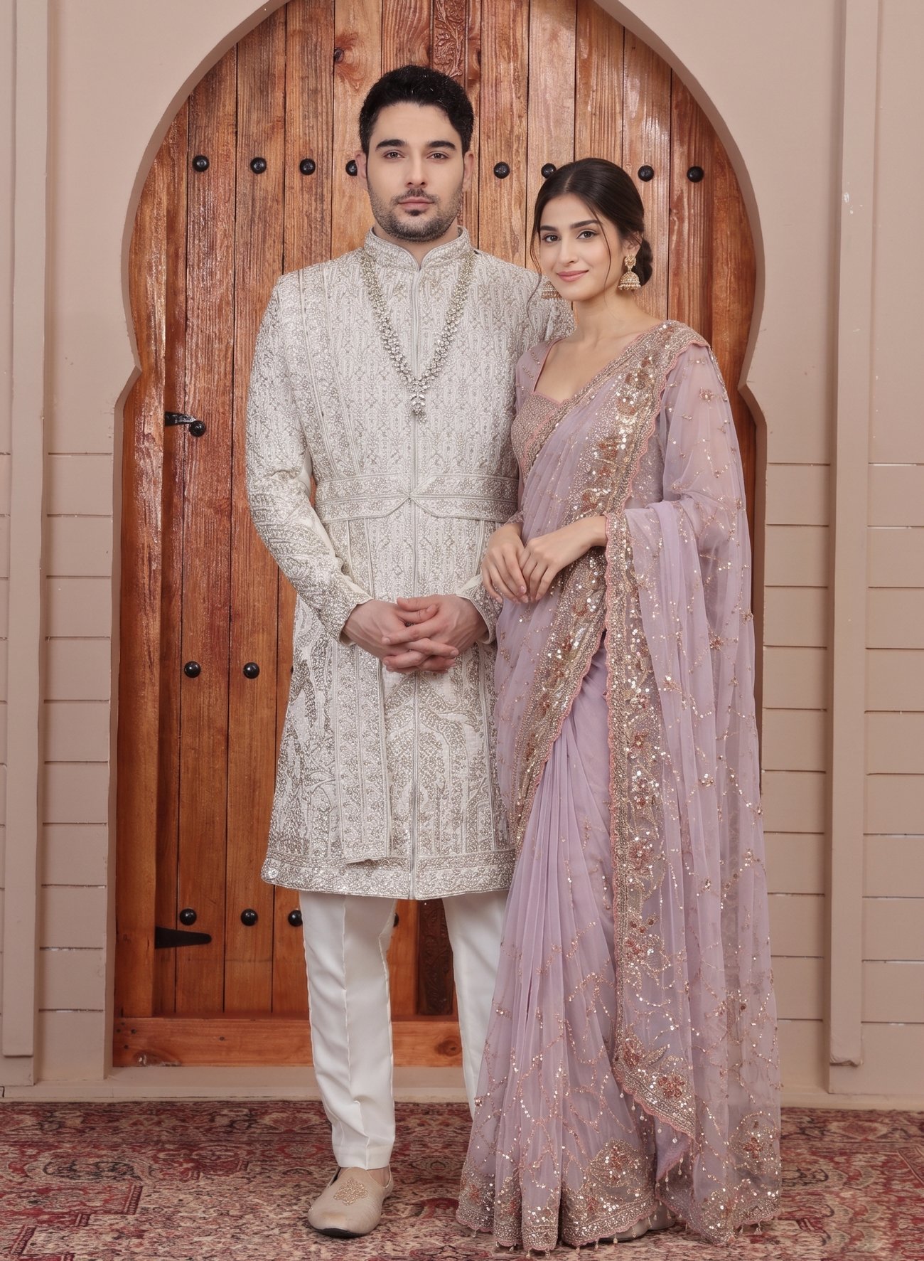 Rajshri Fashions Lavender Haze Embellished Net Saree and Ivory Embroidered Sherwani Set - Rajshri Fashions Sowcarpet Chennai