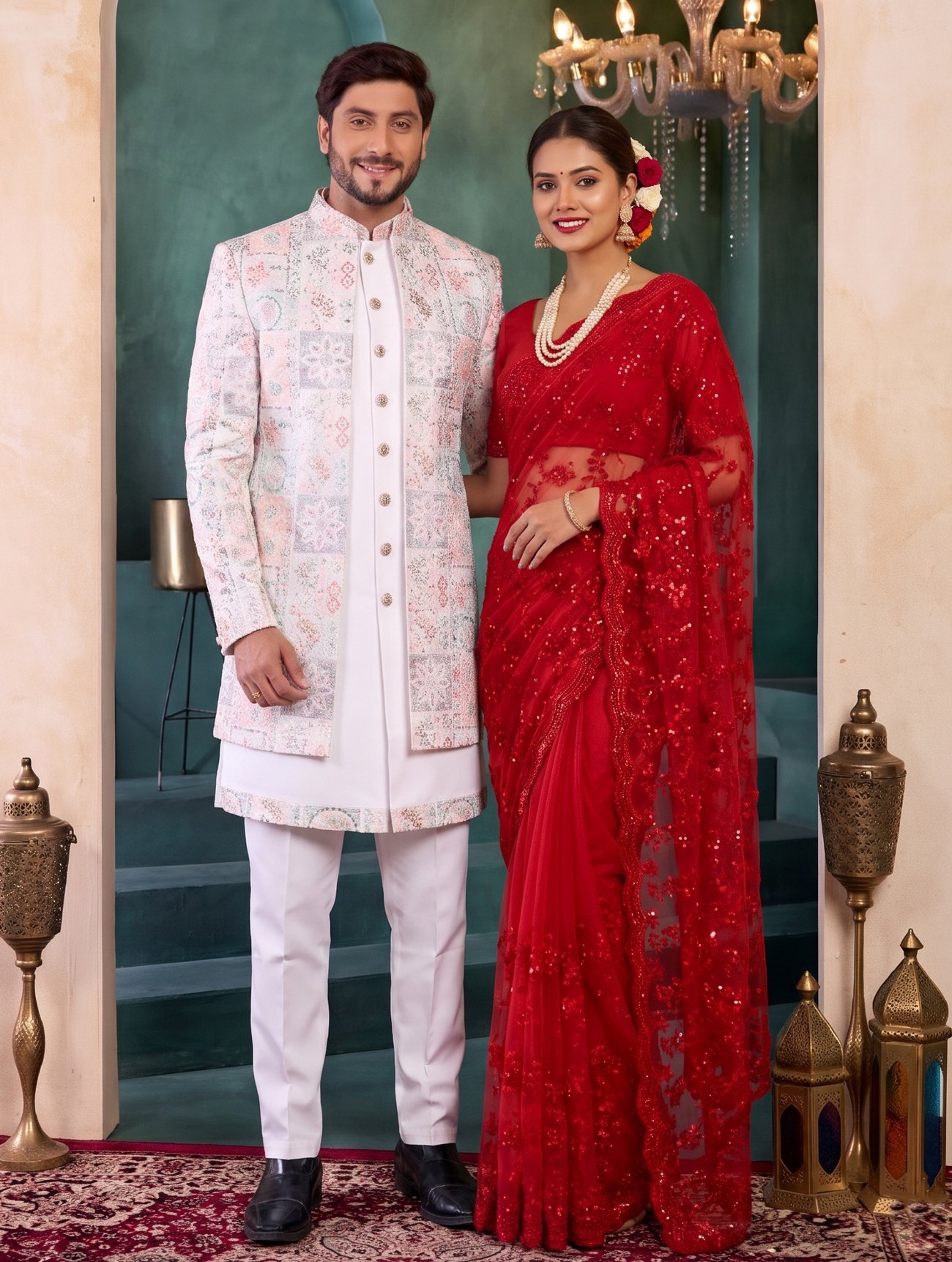 Rajshri Fashions Royal Crimson Red Net Saree and Pastel Embroidered Sherwani Couple Set - Rajshri Fashions Sowcarpet Chennai