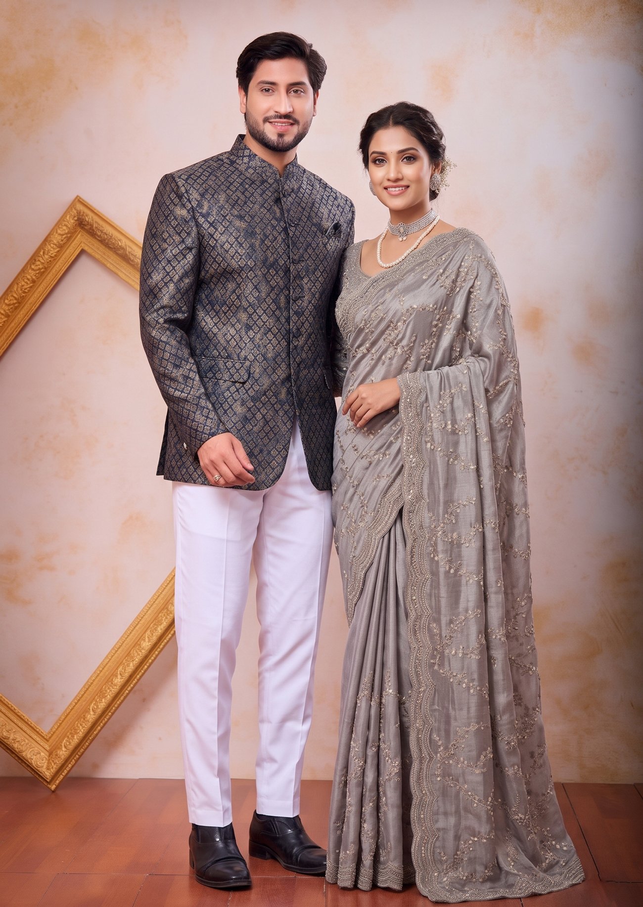 Rajshri Fashions Slate Grey Embroidered Silk Saree and Jodhpuri Set - Rajshri Fashions Sowcarpet Chennai