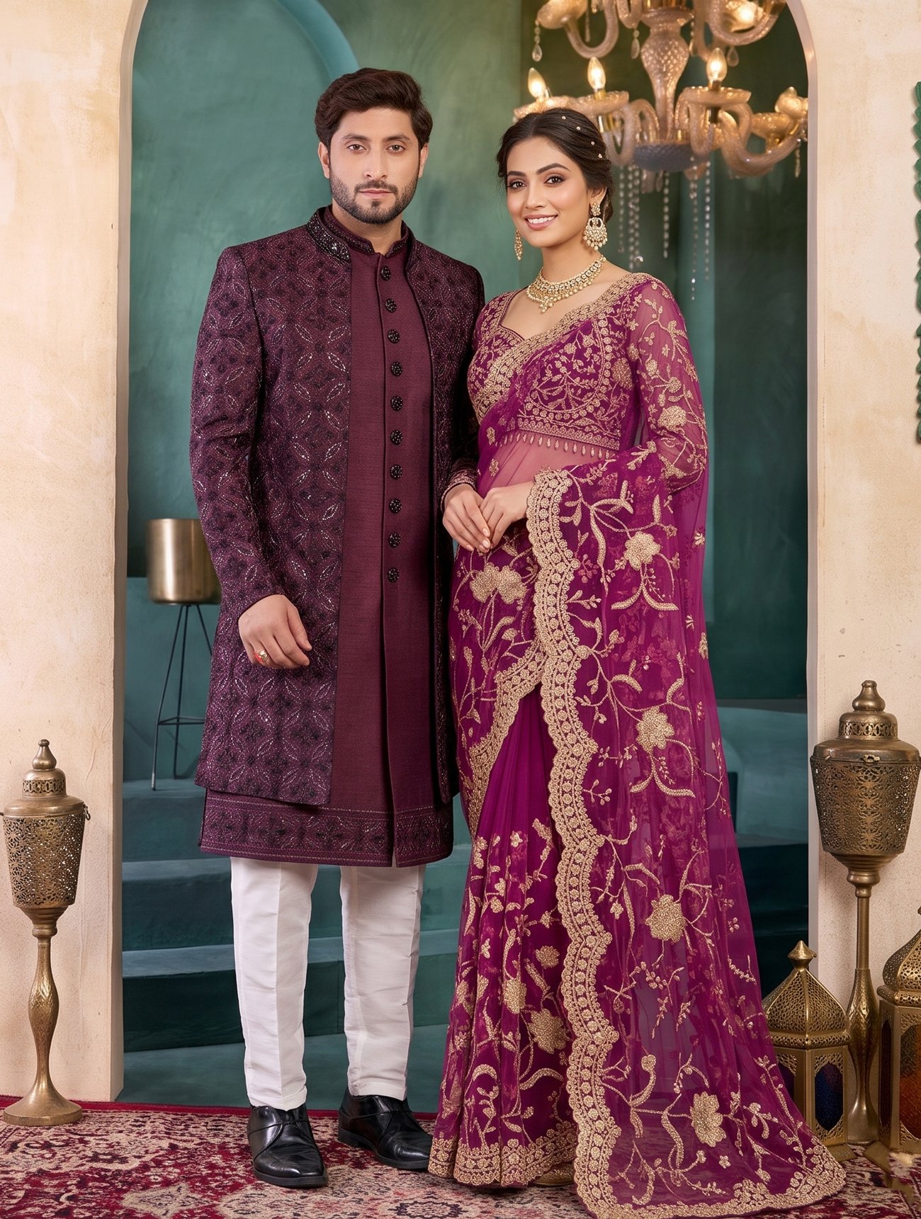 Rajshri Fashions Royal Wine Embroidered Sherwani and Raw Silk Blend Saree Couple Set - Rajshri Fashions Sowcarpet Chennai