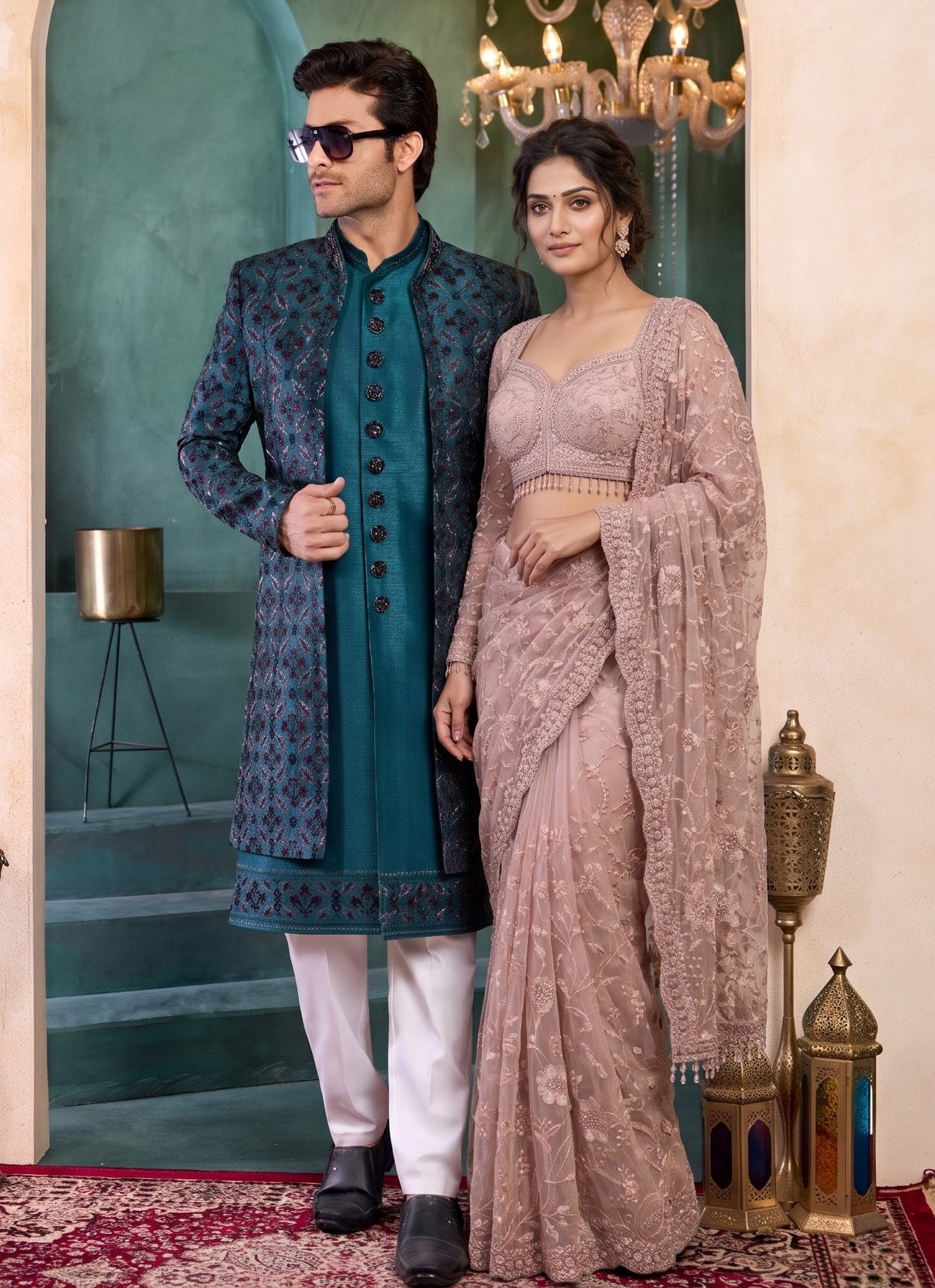 Rajshri Fashions Emebrald Green Brocade Sherwani and Blush Pink Embroidered Net Saree Couple Set - Rajshri Fashions Sowcarpet Chennai