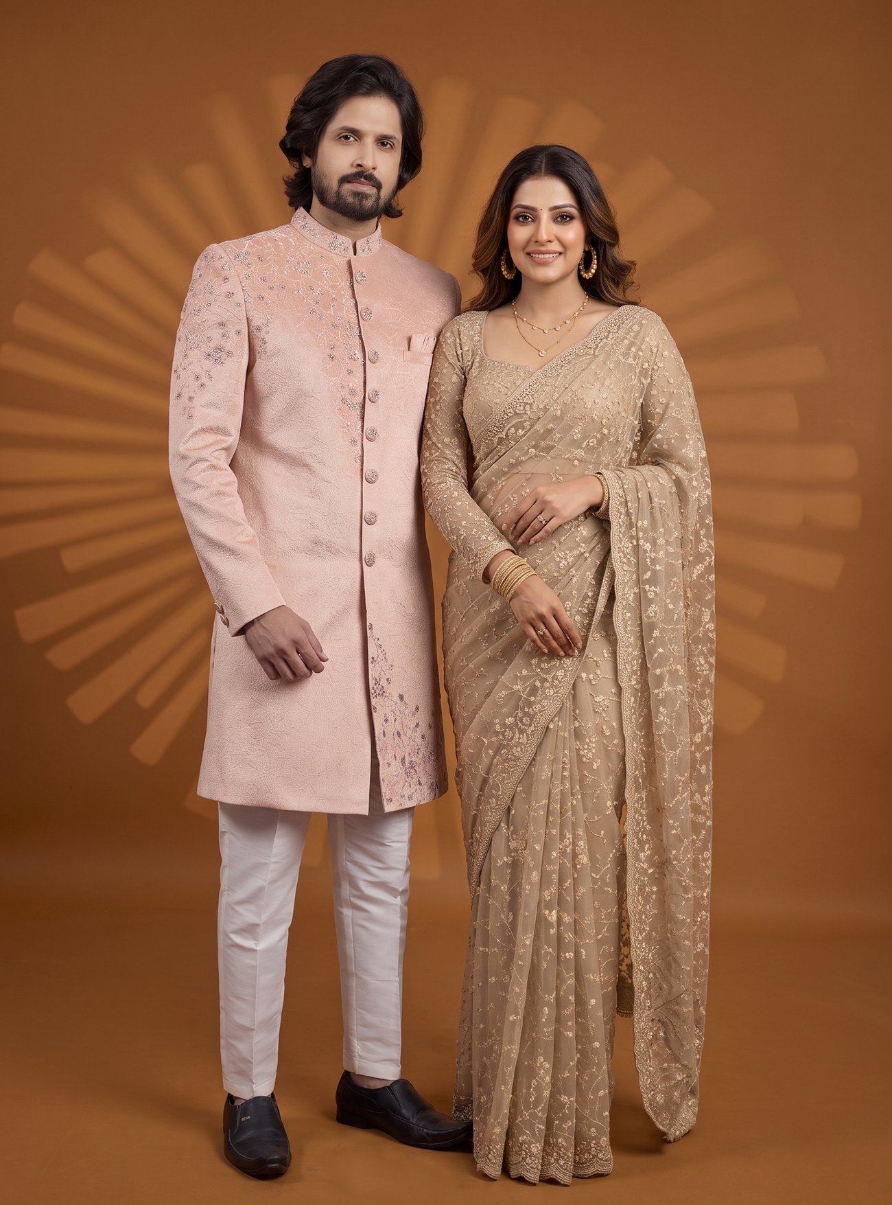 Rajshri Fashions Blush Pink Sherwani and Champagne Gold Embroidered Net Saree Couple Set - Rajshri Fashions Sowcarpet Chennai
