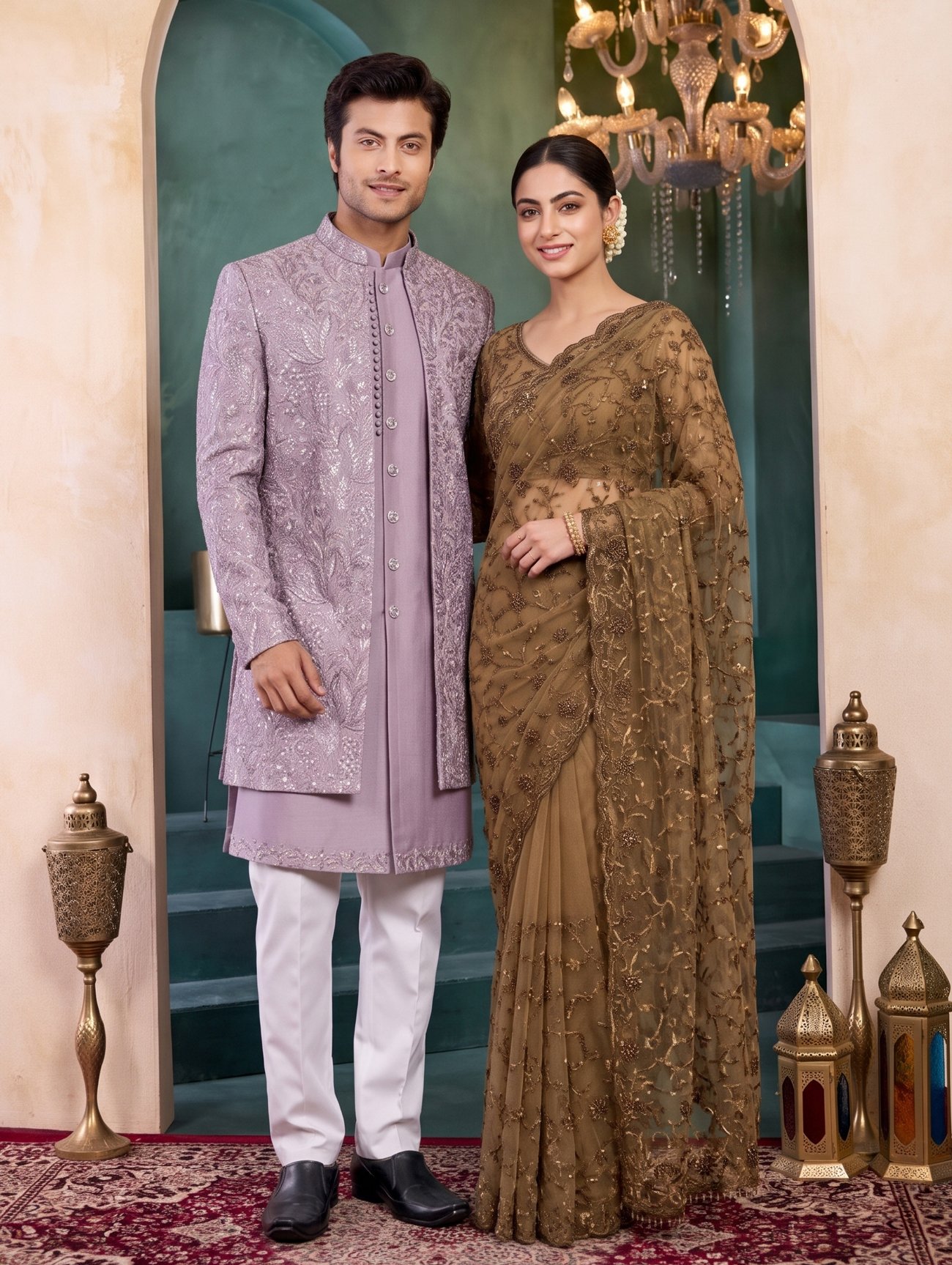 Rajshri Fashions Lavender Sherwani and Antique Bronze Embroidered Saree Couple Set - Rajshri Fashions Sowcarpet Chennai