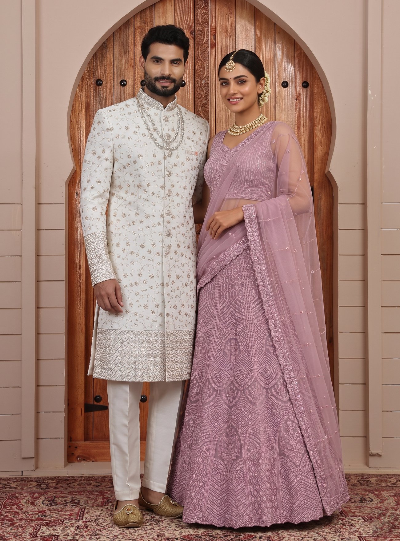 Rajshri Fashions Ivory Embroidered Sherwani and Lavender Sequined Lehenga Couple Set - Rajshri Fashions Sowcarpet Chennai