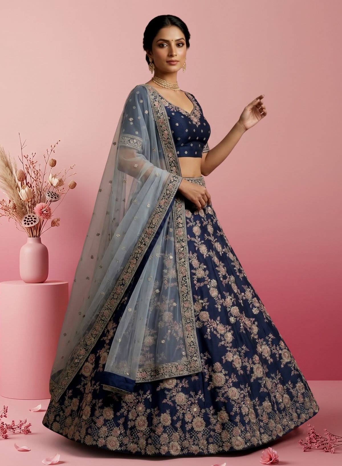 Rajshri Fashions Midnight Blue Floral Embroidered Silk Lehenga Set - Rajshri Fashions Sowcarpet Chennai