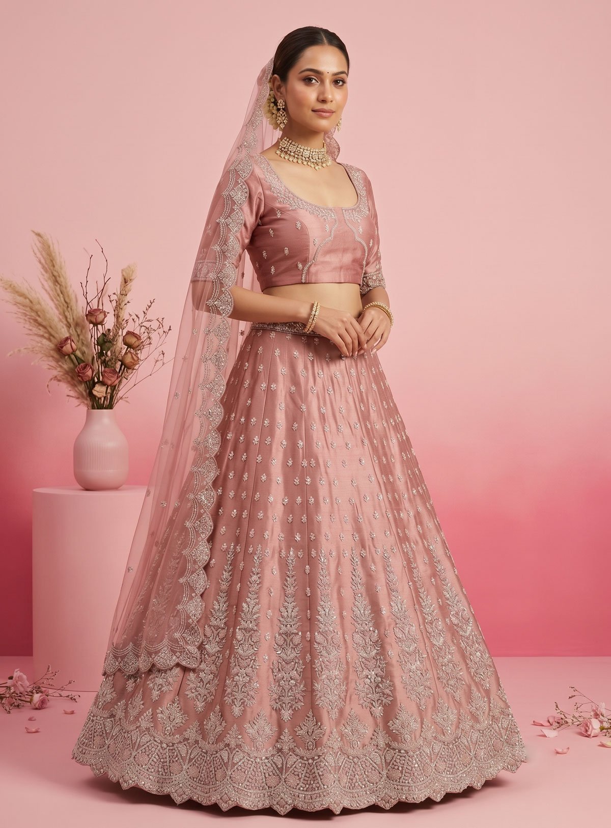 Rajshri Fashions Blush Pink Embroidered Net & Silk Bridal Lehenga - Rajshri Fashions Sowcarpet Chennai