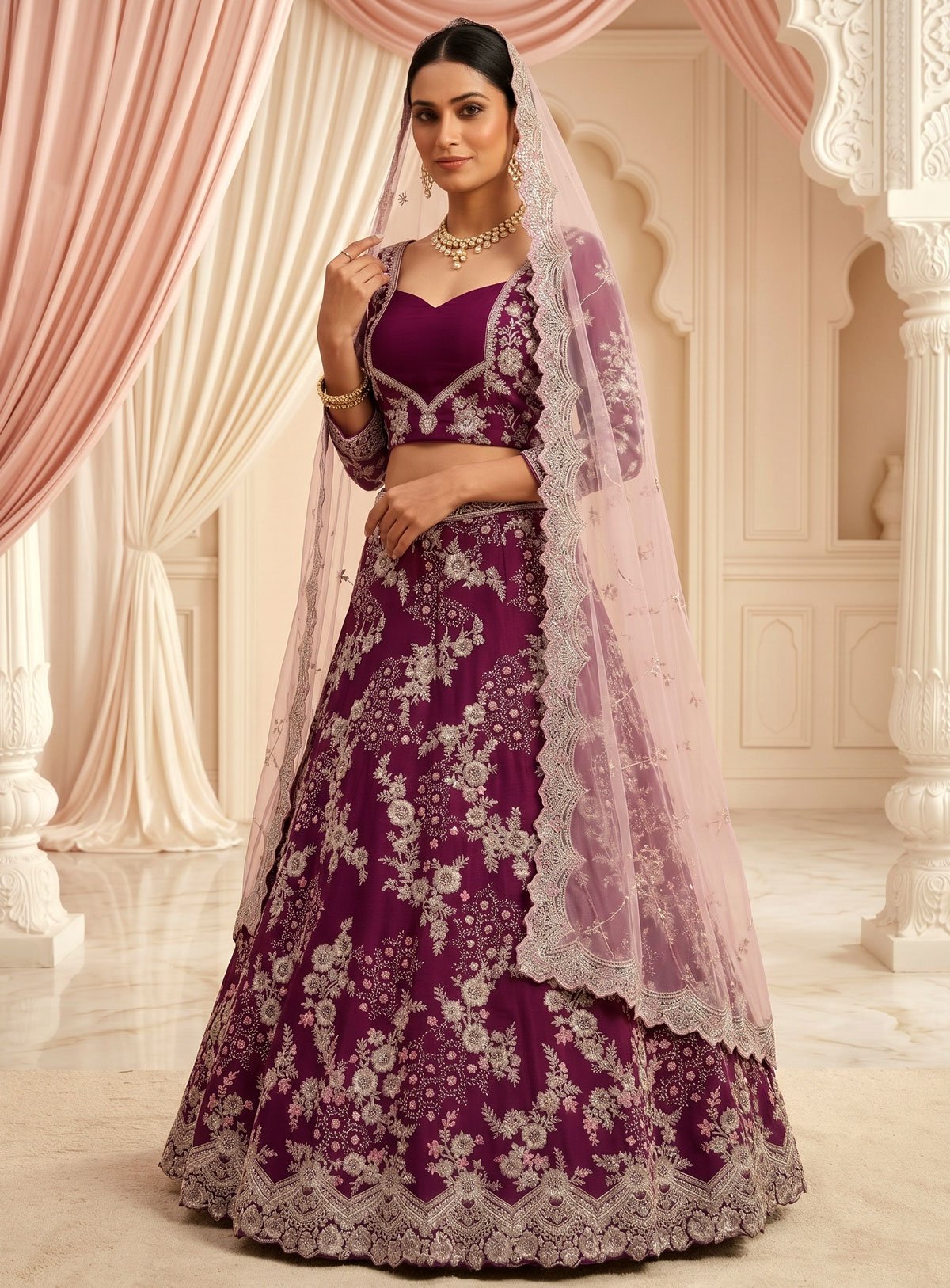 Rajshri Fashions Royal Wine Floral Embroidered Bridal Lehenga Set - Rajshri Fashions Sowcarpet Chennai
