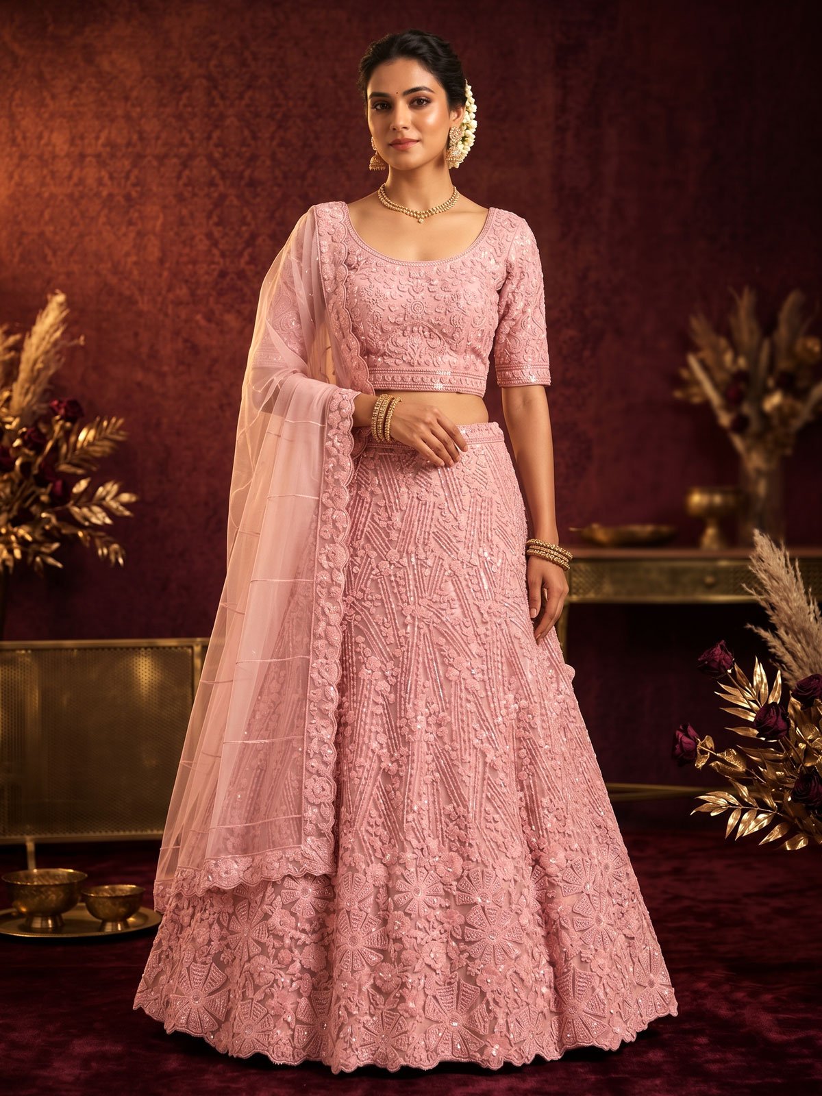 Rajshri Fashions Blush Pink Intricate Floral Sequin Embroidered Lehenga Set - Rajshri Fashions Sowcarpet Chennai