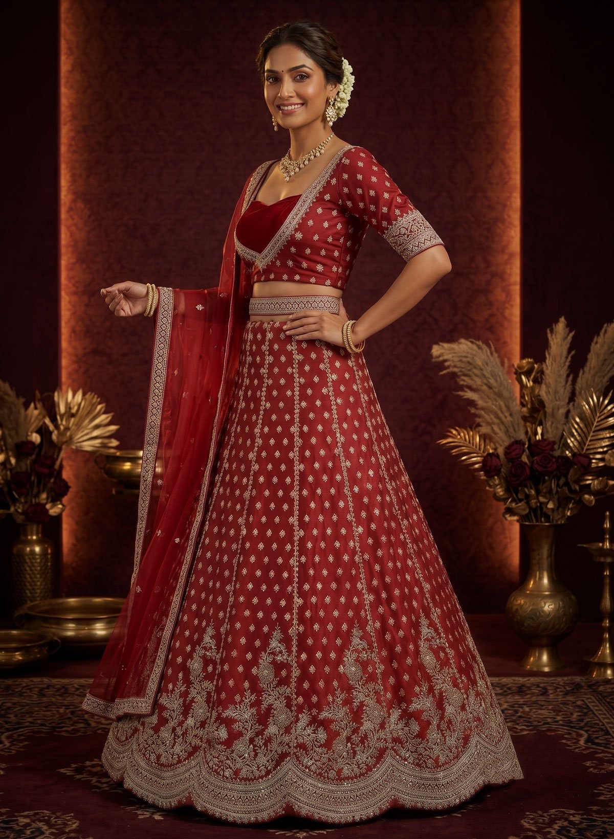Rajshri Fashions Royal Crimson Red Zardosi Embroidered Bridal Lehenga - Rajshri Fashions Sowcarpet Chennai