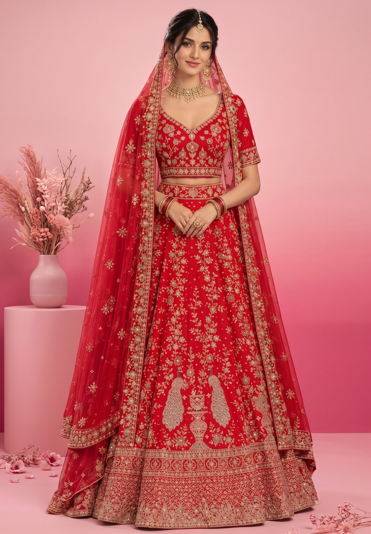 Rajshri Fashions Royal Crimson Red Raw Silk Blend Peacock Motif Bridal Lehenga - Rajshri Fashions Sowcarpet Chennai