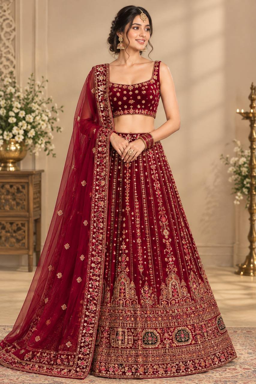 Rajshri Fashions Royal Maroon Velvet Hand-Embroidered Bridal Lehenga - Rajshri Fashions Sowcarpet Chennai