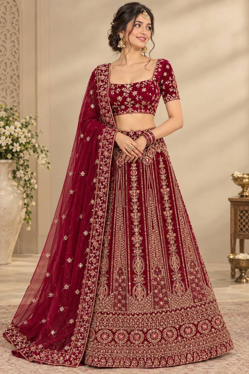 Rajshri Fashions Royal Wine Velvet Heavy Zardozi Bridal Lehenga - Rajshri Fashions Sowcarpet Chennai