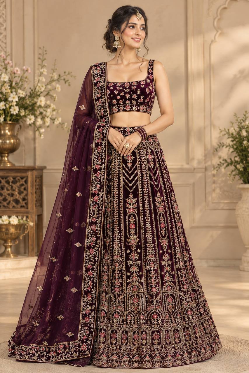 Rajshri Fashions Royal Wine Velvet Heavy Zardozi Embroidered Bridal Lehenga - Rajshri Fashions Sowcarpet Chennai
